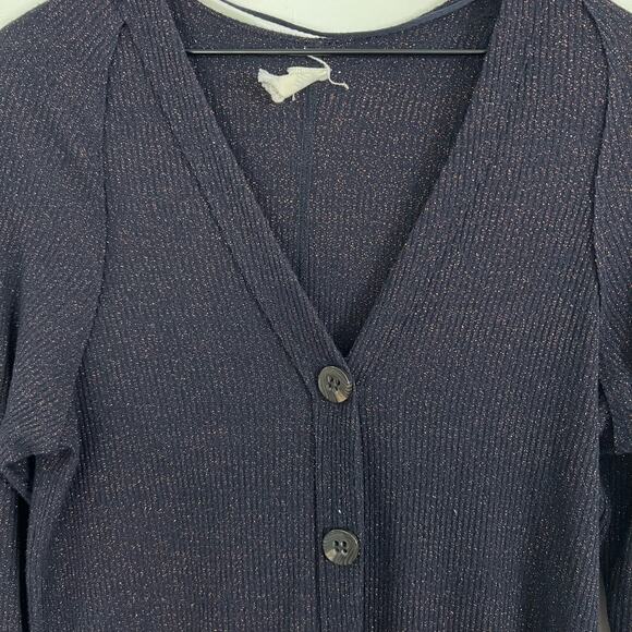 Free People We the Free Navy Blue Metallic Button Down Long Length Cardigan - Picture 3 of 11